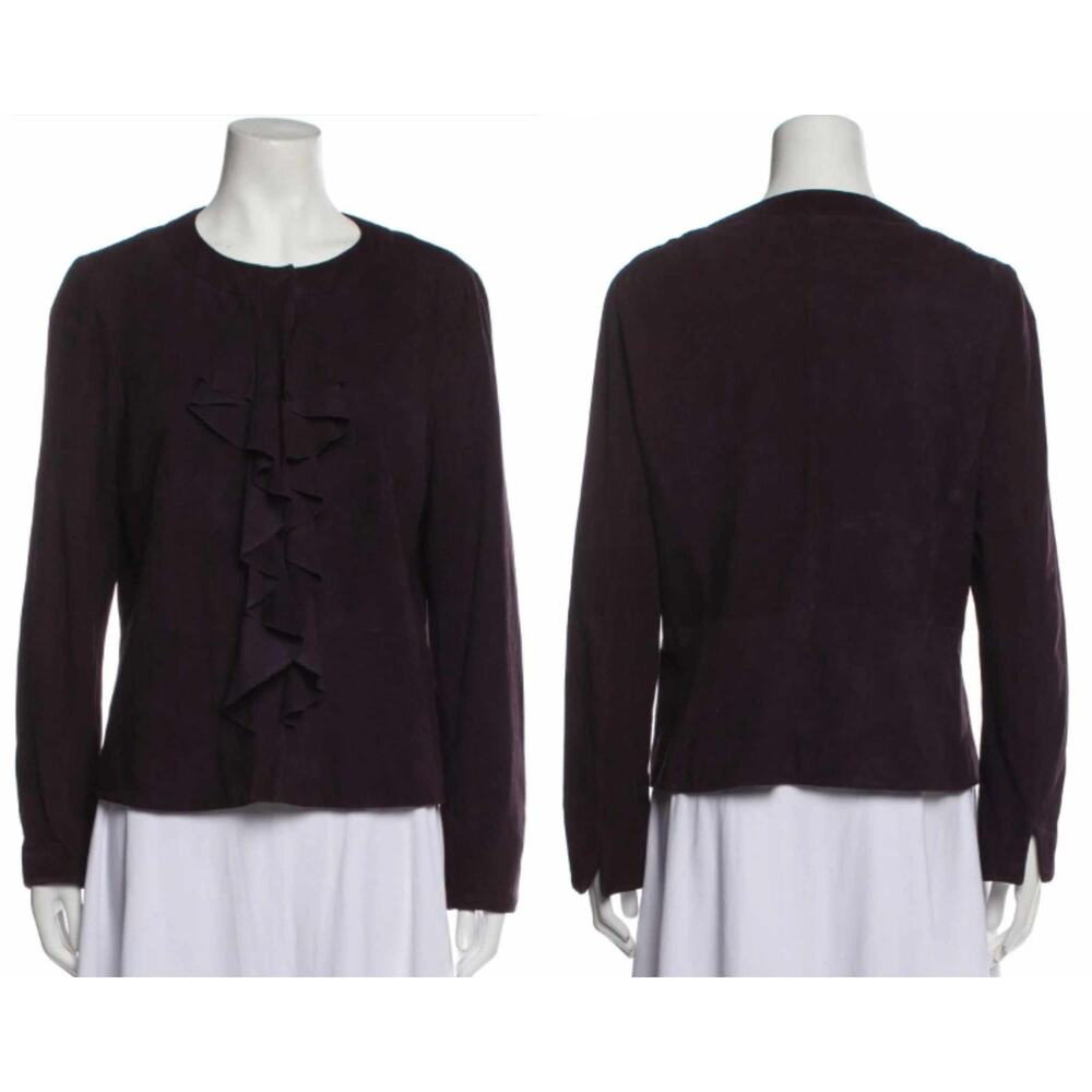 Lafayette 148 New York Ruffled Front Suede Leather Evening Jacket Blackberry 6